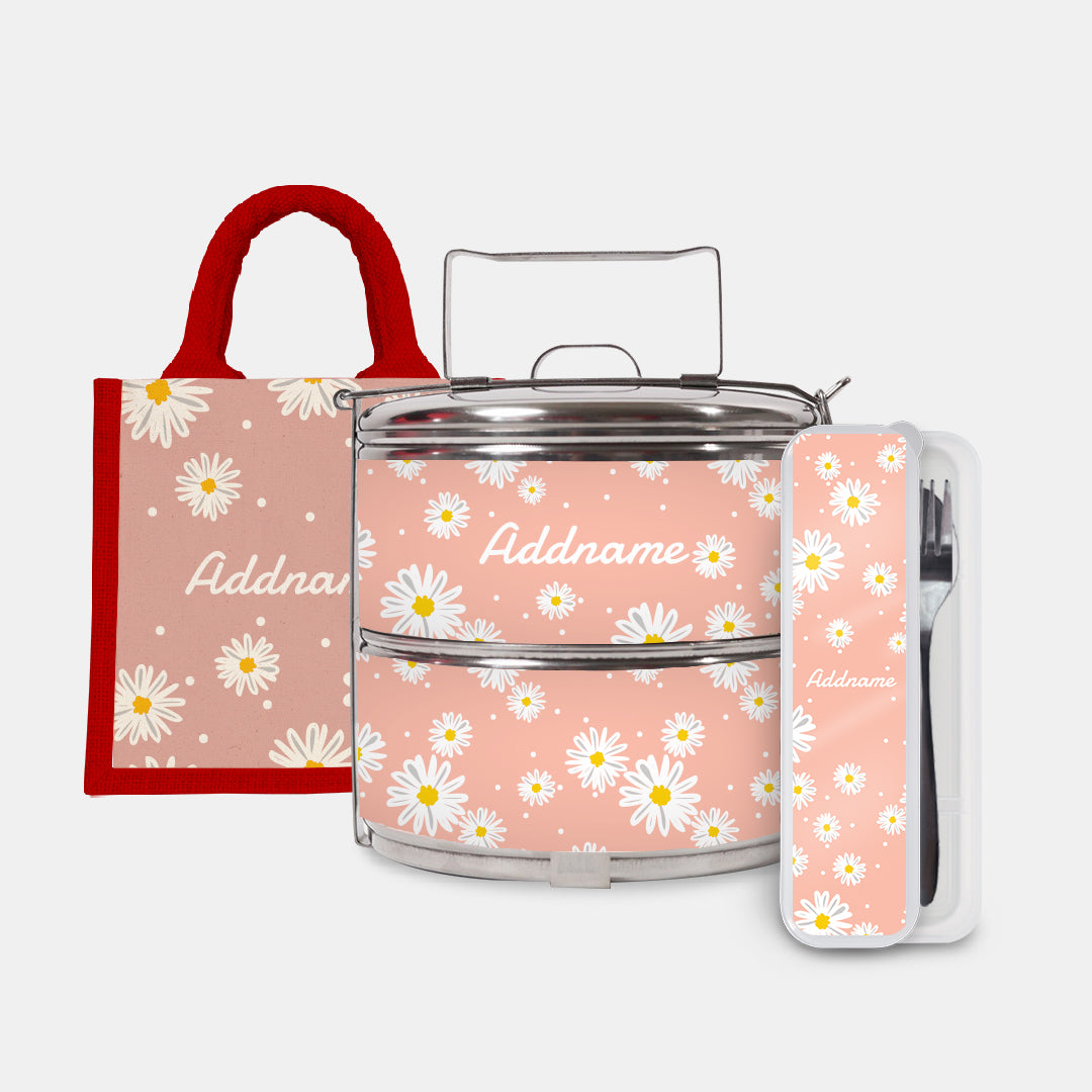 Daisy Series Half Lining Lunch Bag, Standard Two Tier Tiffin Carrier And Cutlery Set - Coral Red