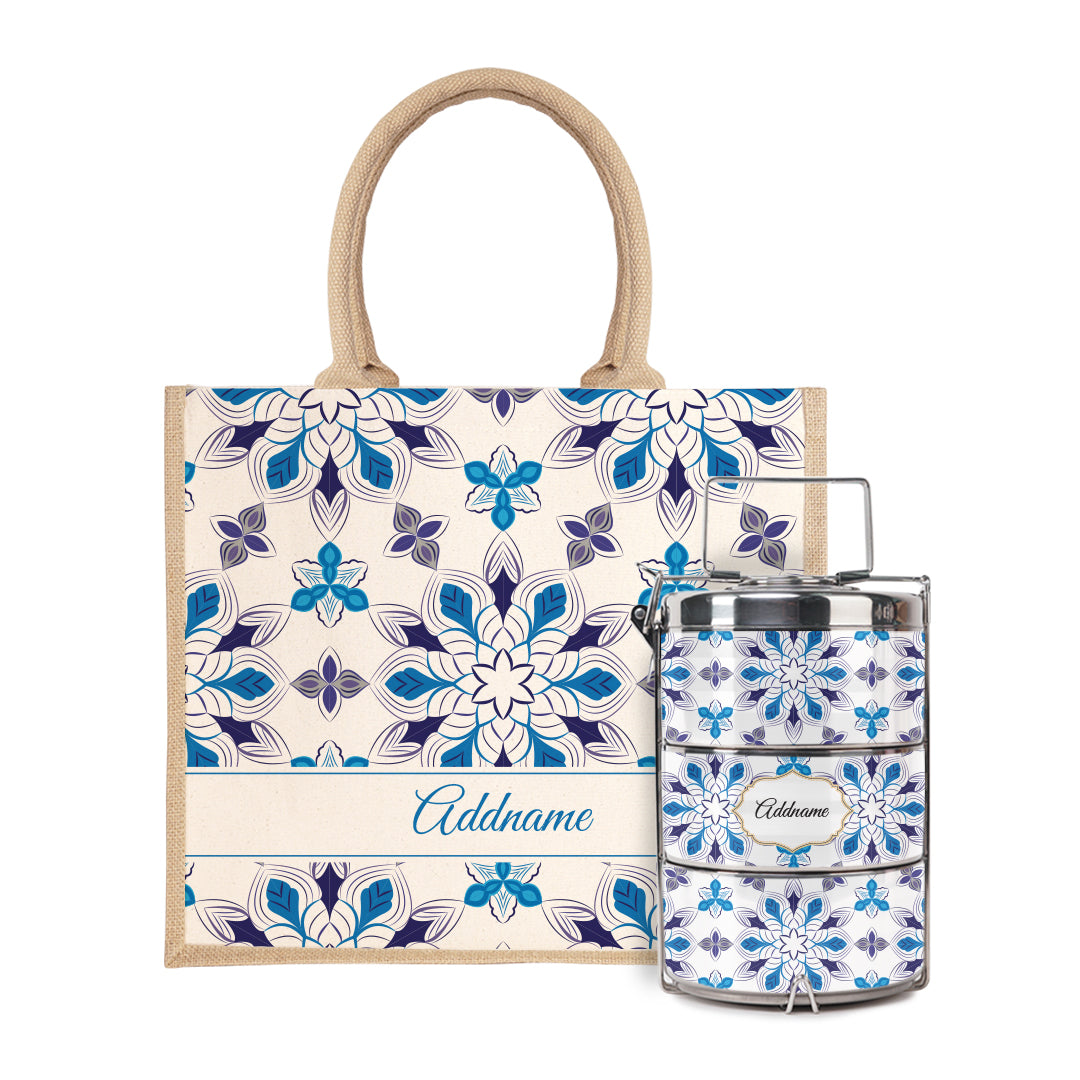 Moroccan Series - Arabesque Frost Half Lining Jute Bag with Tiffin Carrier