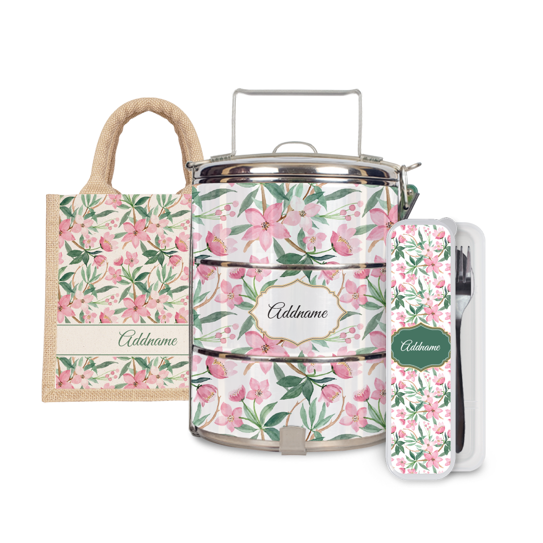 Laura Series - Blossom Half Lining Lunch Bag, Tiffin Carrier and Cutlery Set