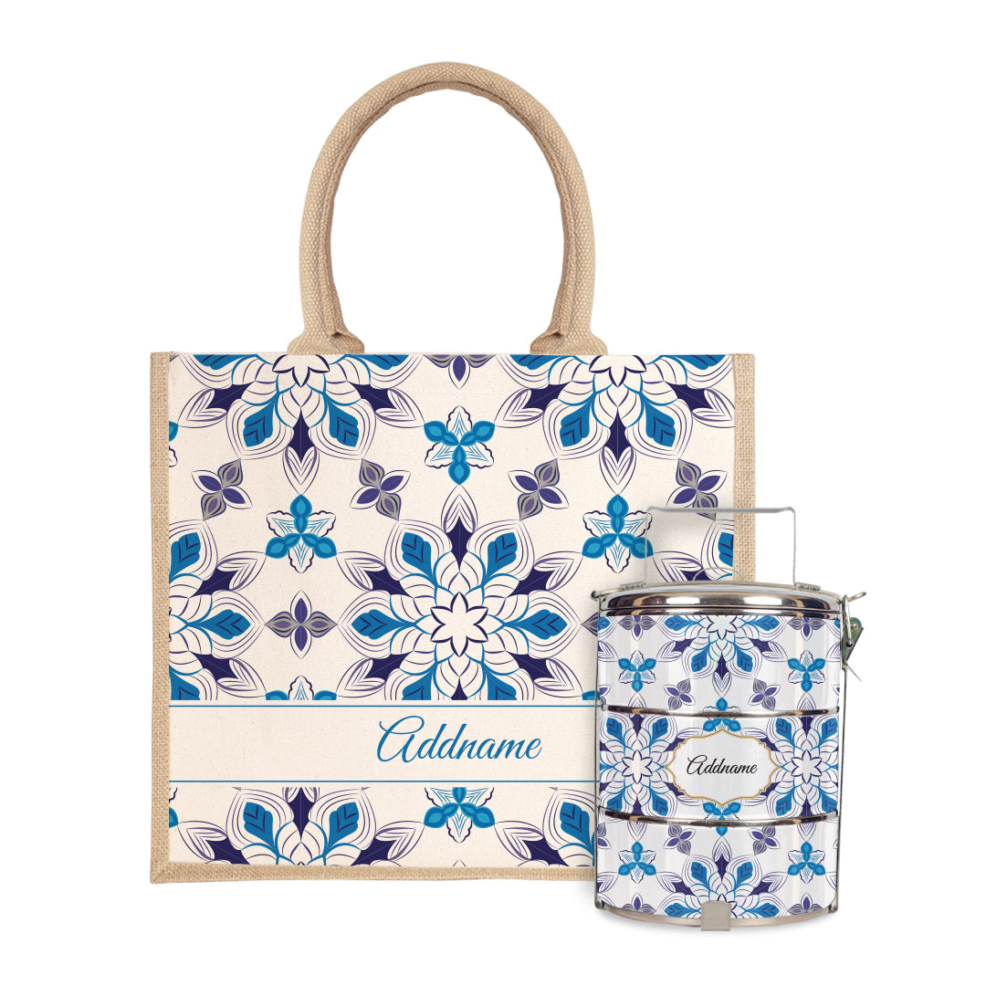 Moroccan Series - Arabesque Frost Half Lining Jute Bag with Tiffin Carrier