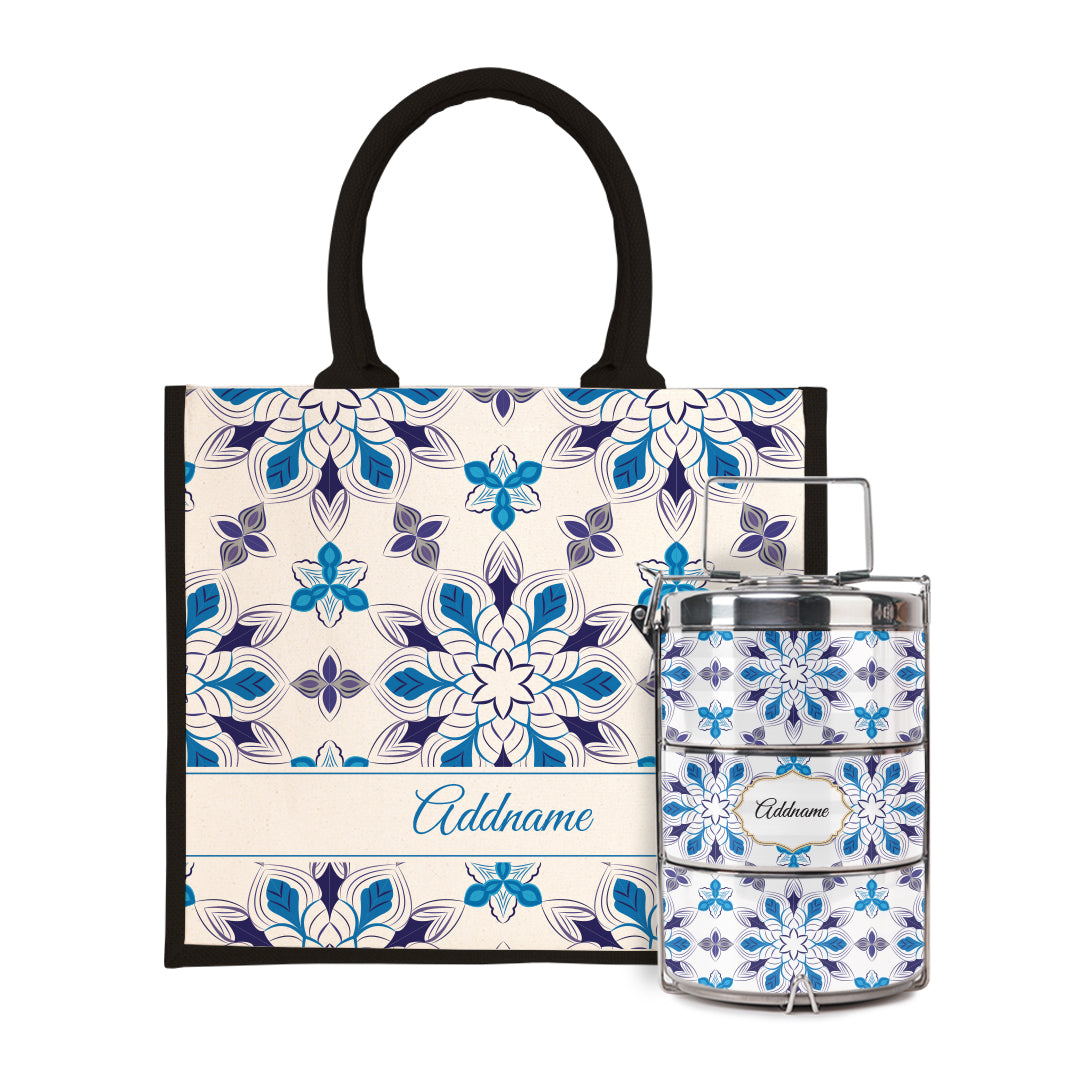 Moroccan Series - Arabesque Frost Half Lining Jute Bag with Tiffin Carrier