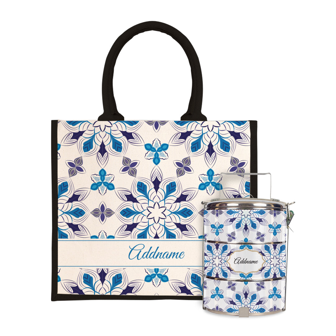 Moroccan Series - Arabesque Frost Half Lining Jute Bag with Tiffin Carrier