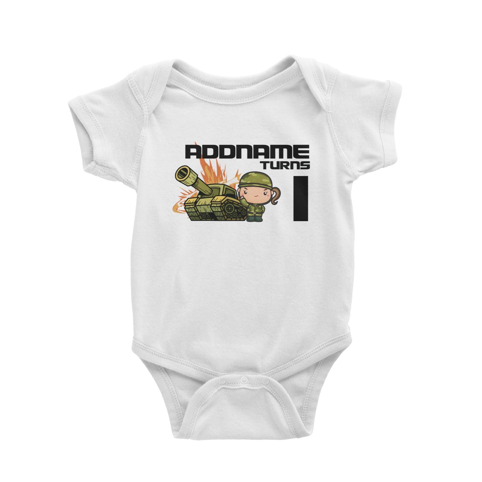 Birthday Battle Theme Tank And Army Soldier Girl Addname Turns 1 Baby Romper