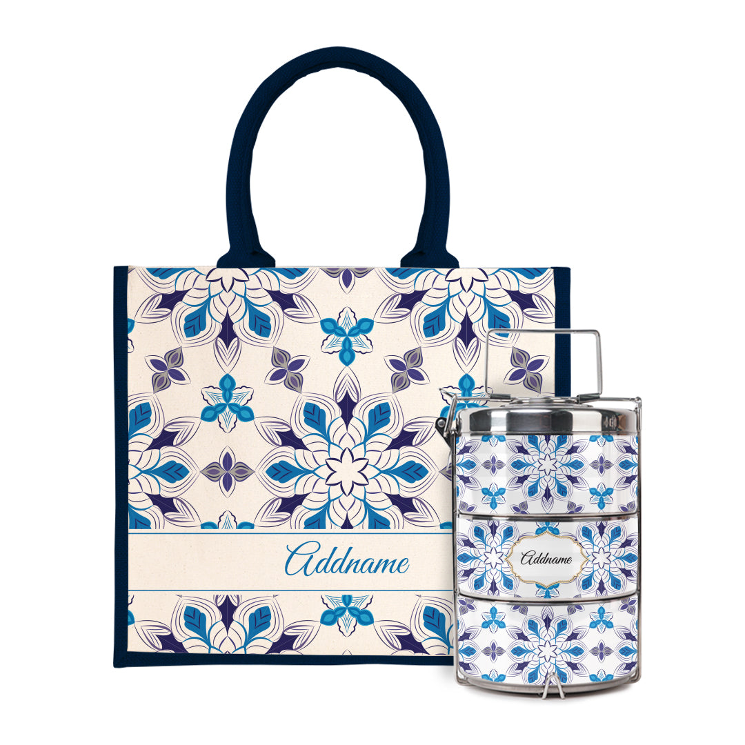 Moroccan Series - Arabesque Frost Half Lining Jute Bag with Tiffin Carrier