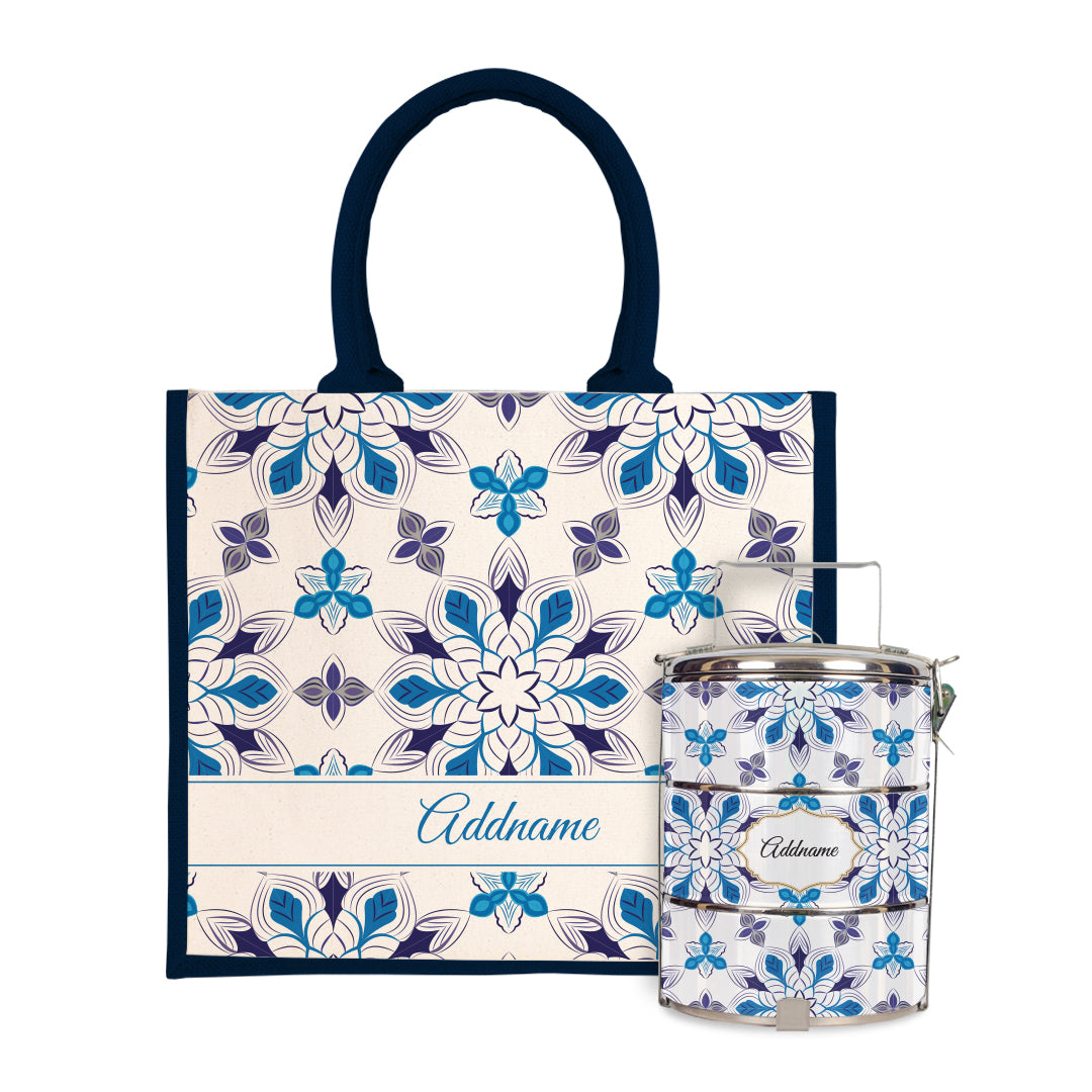 Moroccan Series - Arabesque Frost Half Lining Jute Bag with Tiffin Carrier