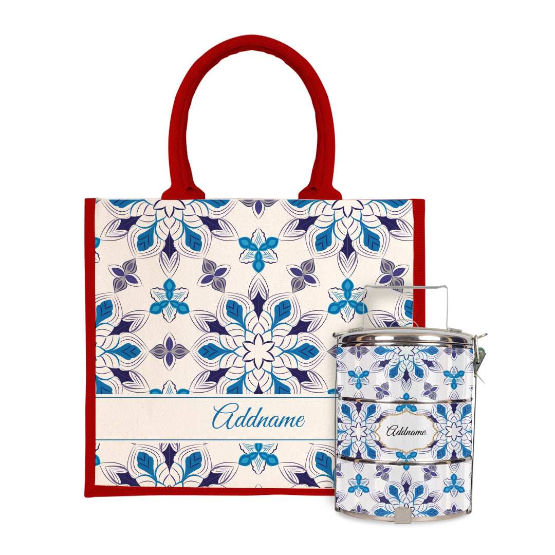 Moroccan Series - Arabesque Frost Half Lining Jute Bag with Tiffin Carrier