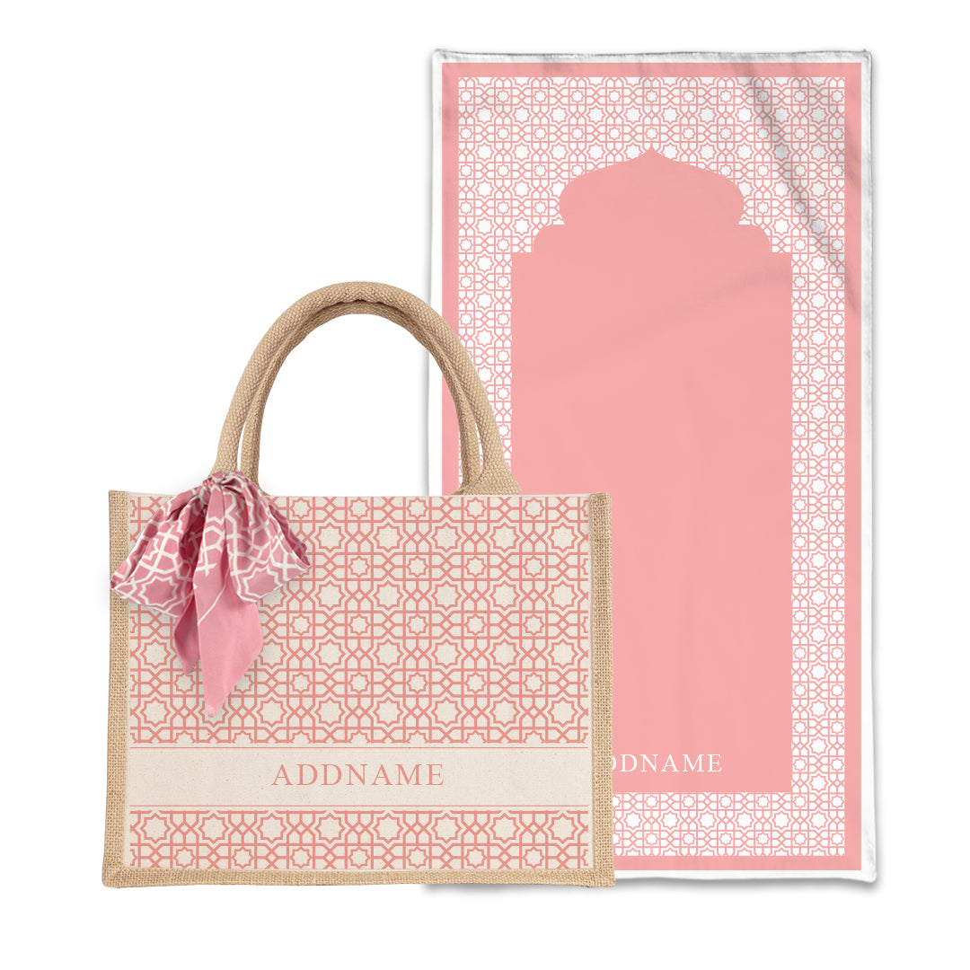 Annas Series - Pastel Peach  Prayer Mat with Natural Half Lining Small Jute Bag