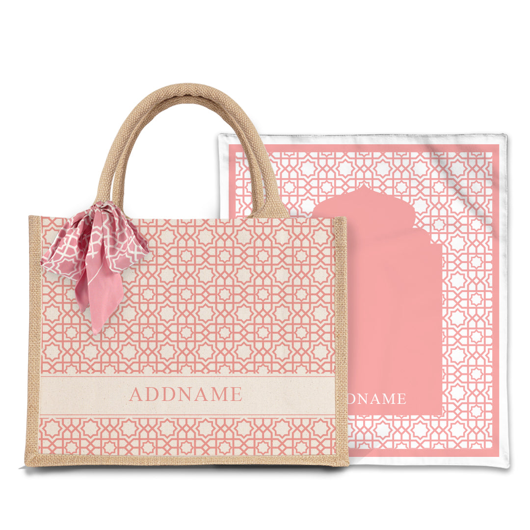 Annas Series - Pastel Peach  Prayer Mat with Natural Half Lining Small Jute Bag
