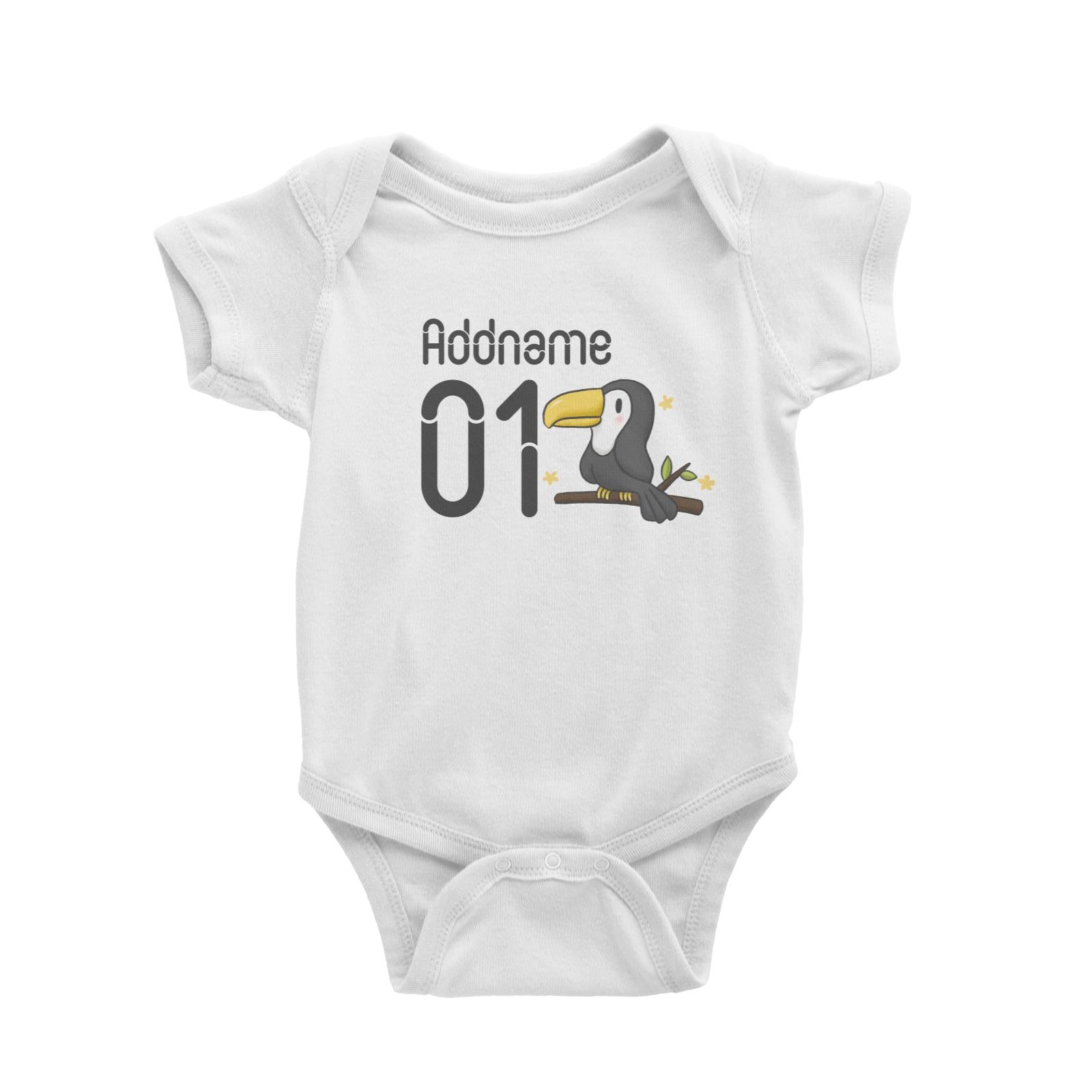 Name and Number Cute Hand Drawn Style Toucan Baby Romper (FLASH DEAL)