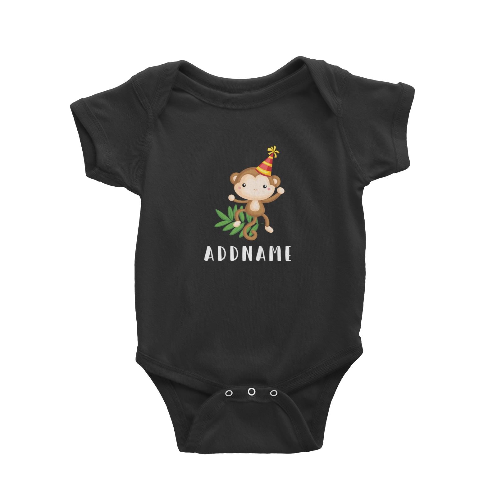 Birthday Safari Monkey Wearing Party Hat Addname Baby Romper