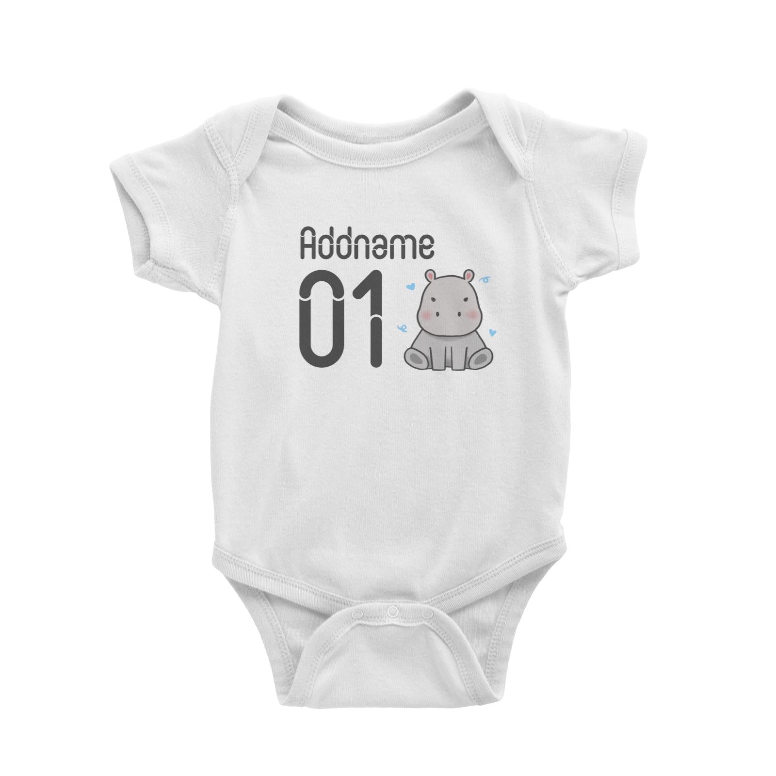 Name and Number Cute Hand Drawn Style Hippo Baby Romper (FLASH DEAL)