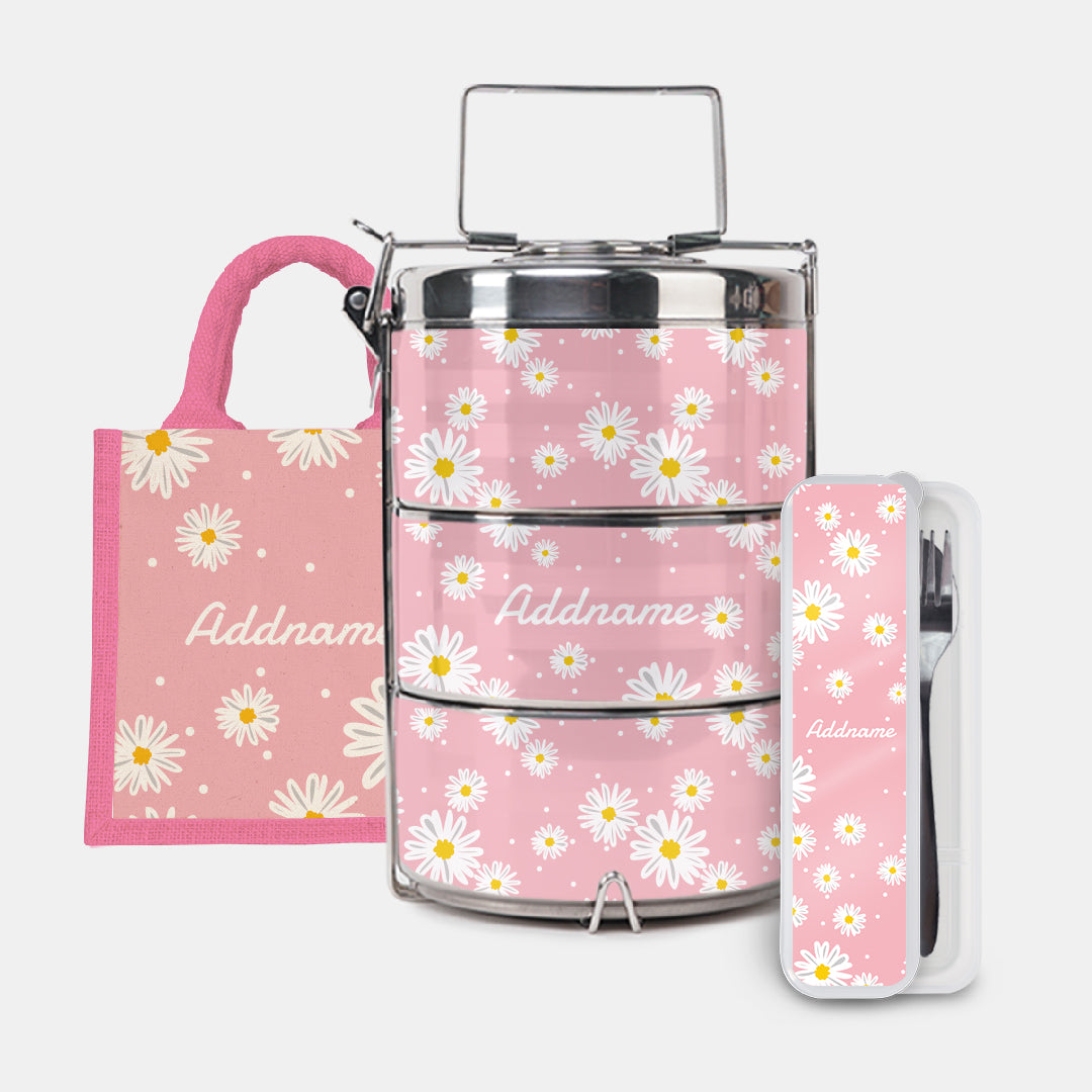 Daisy Series Half Lining Lunch Bag, Premium Tiffin Carrier And Cutlery Set - Blush Light Pink