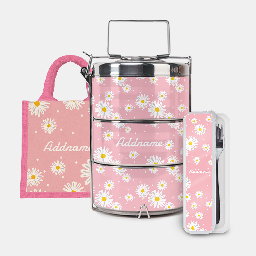 Daisy Series Half Lining Lunch Bag, Standard Tiffin Carrier And Cutlery Set - Blush Light Pink