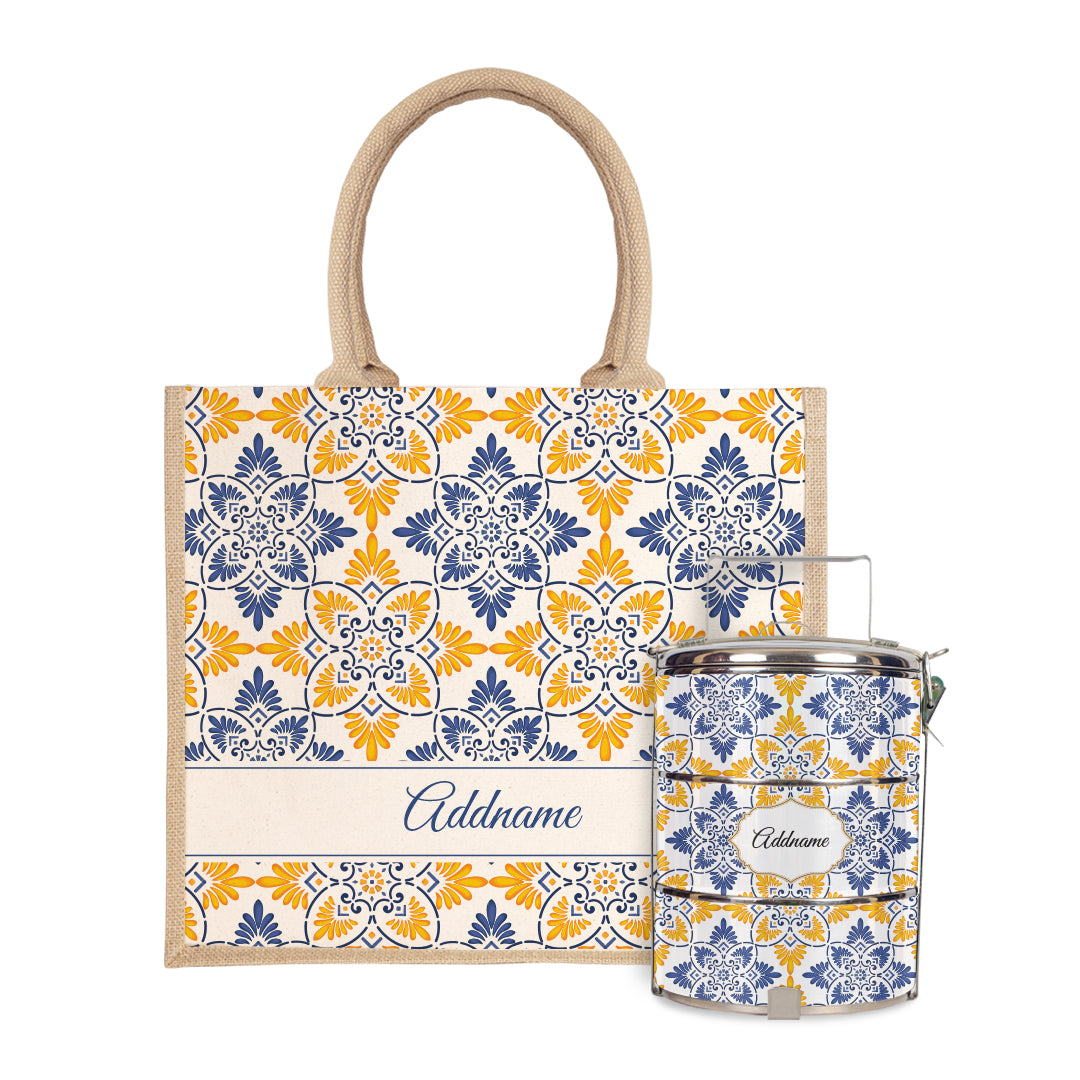 Moroccan Series - Arabesque Butter Blue Half Lining Jute Bag with Tiffin Carrier