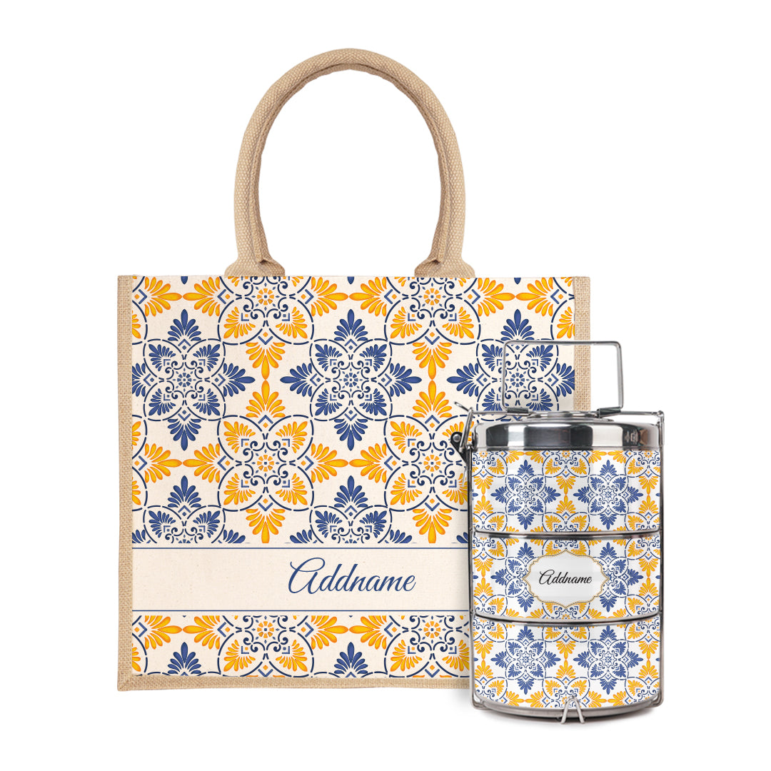 Moroccan Series - Arabesque Butter Blue Half Lining Jute Bag with Tiffin Carrier