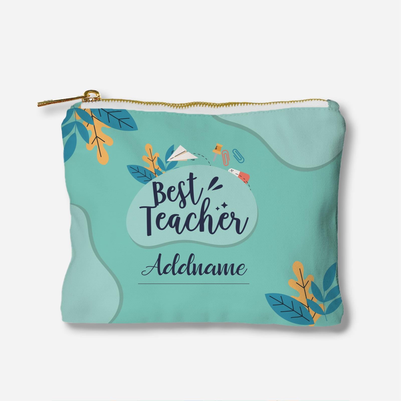 Turquoise Best Teacher With Floral Elements Full Print Zipper Pouch