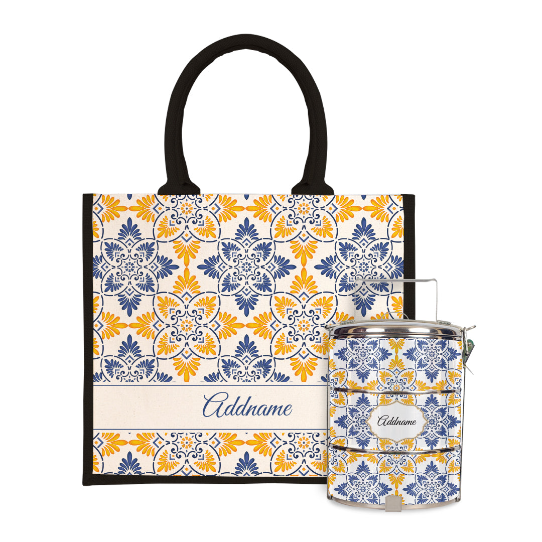 Moroccan Series - Arabesque Butter Blue Half Lining Jute Bag with Tiffin Carrier