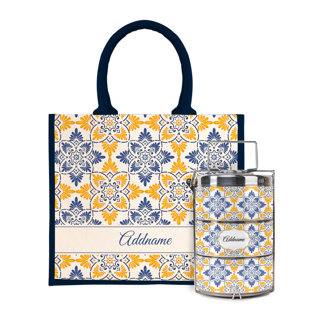 Moroccan Series - Arabesque Butter Blue Half Lining Jute Bag with Tiffin Carrier