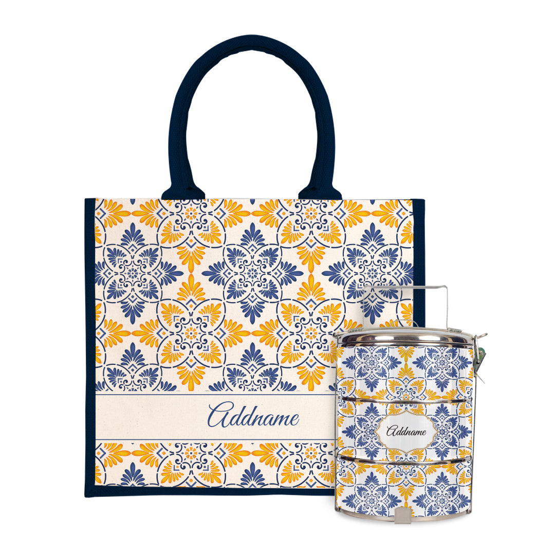 Moroccan Series - Arabesque Butter Blue Half Lining Jute Bag with Tiffin Carrier