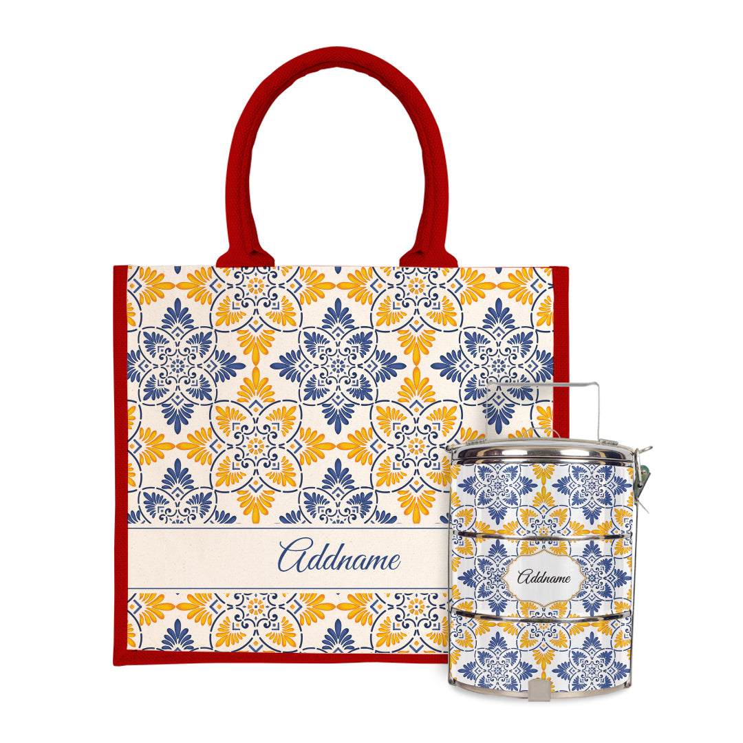 Moroccan Series - Arabesque Butter Blue Half Lining Jute Bag with Tiffin Carrier