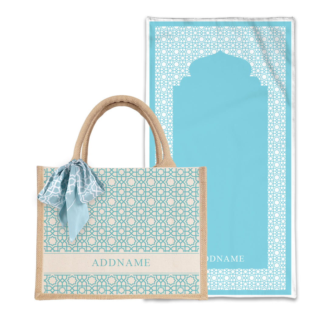 Annas Series - Sky Blue Prayer Mat with Natural Half Lining Small Jute Bag