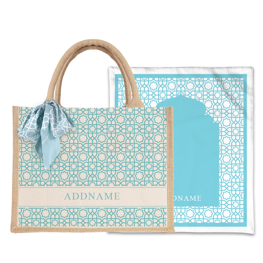 Annas Series - Sky Blue Prayer Mat with Natural Half Lining Small Jute Bag