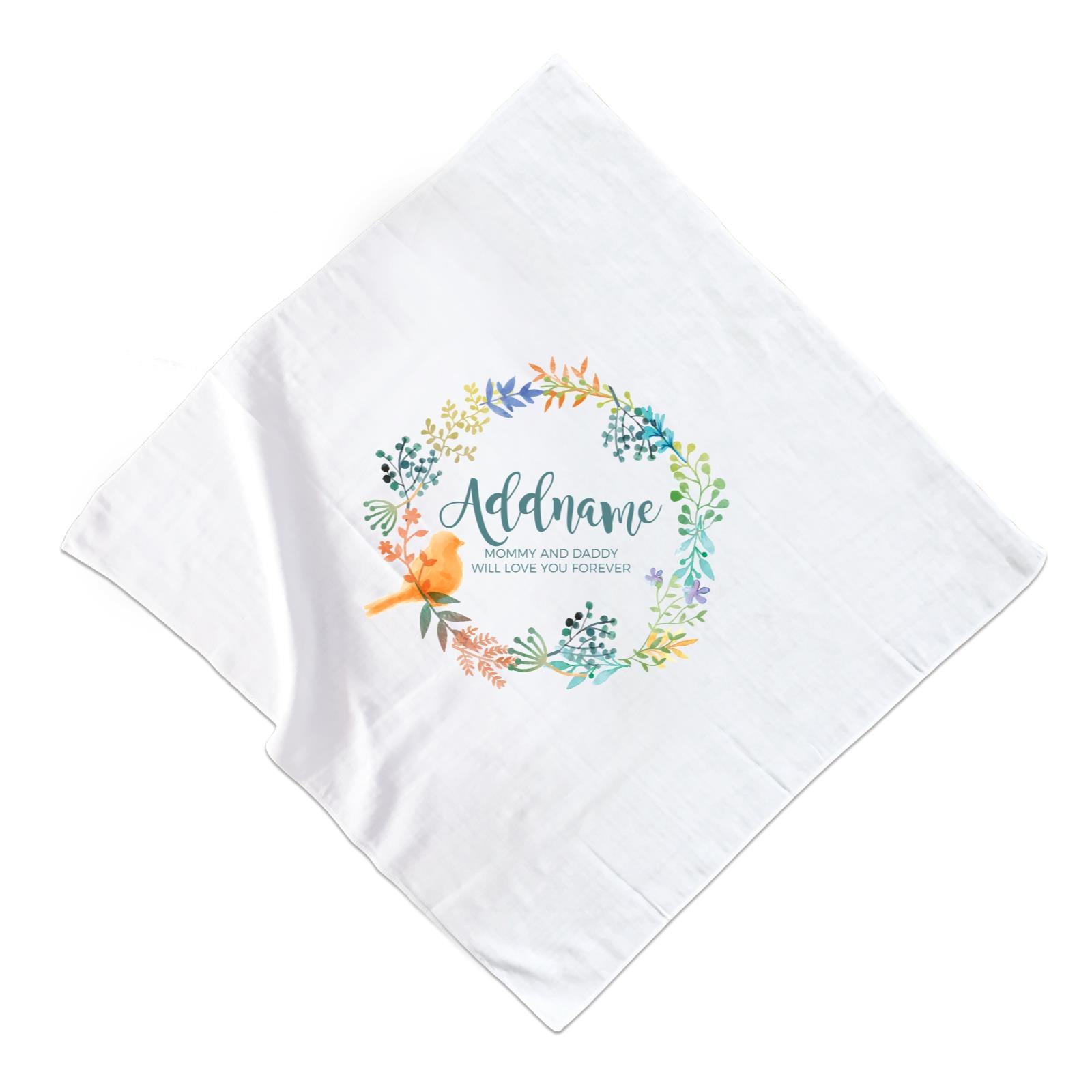 Spring Flower with Bird Wreath Personalizable with Name and Text Muslin Square