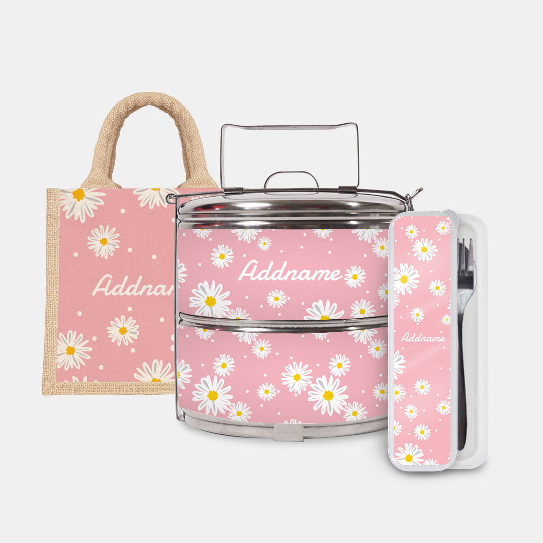 Daisy Series Half Lining Lunch Bag, Standard Two Tier Tiffin Carrier And Cutlery Set - Blush Natural