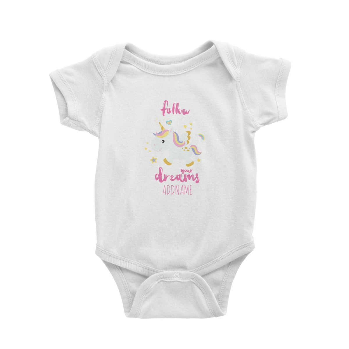 Sweet Unicorn Follow Your Dreams White Baby Romper Personalizable Designs