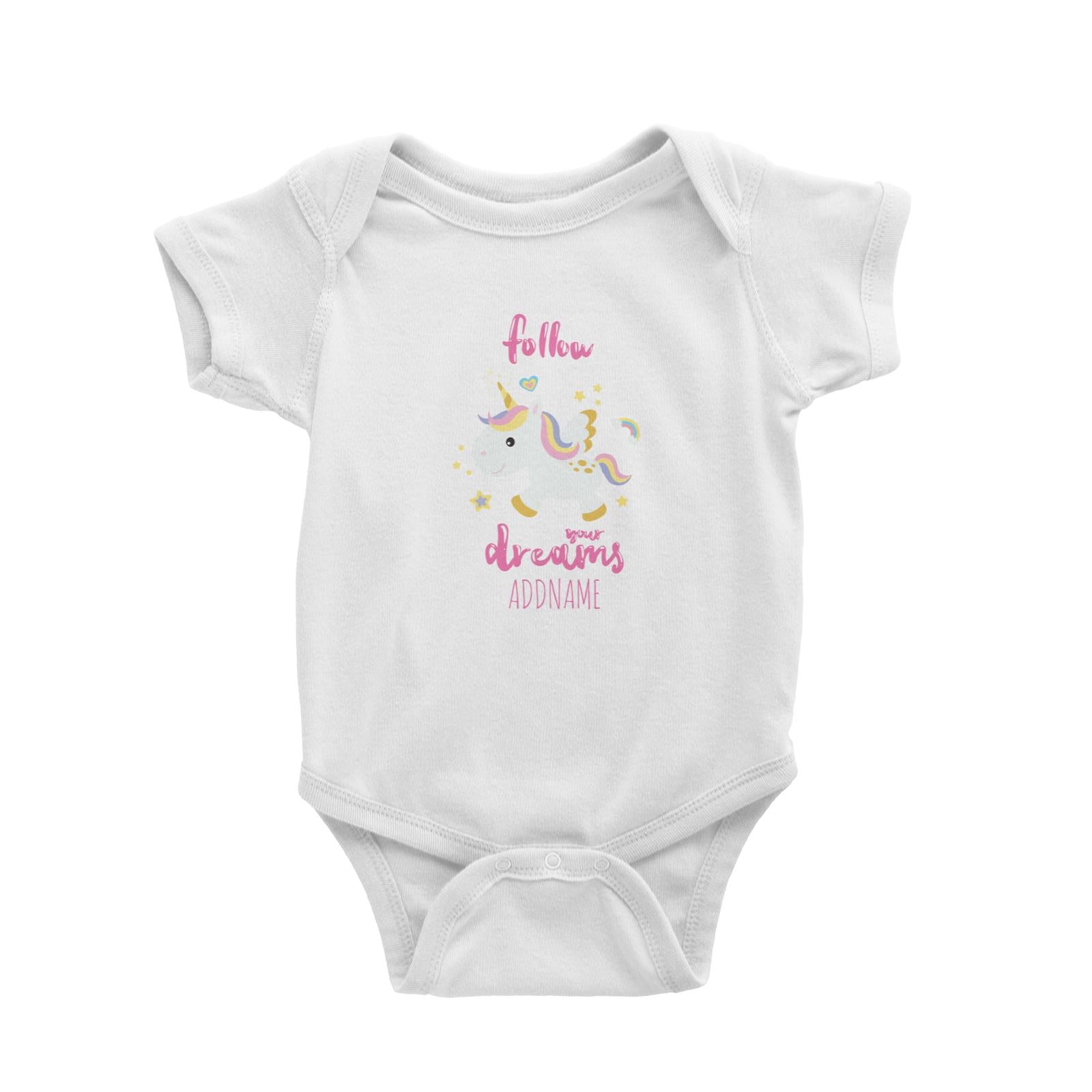 Sweet Unicorn Follow Your Dreams White Baby Romper Personalizable Designs