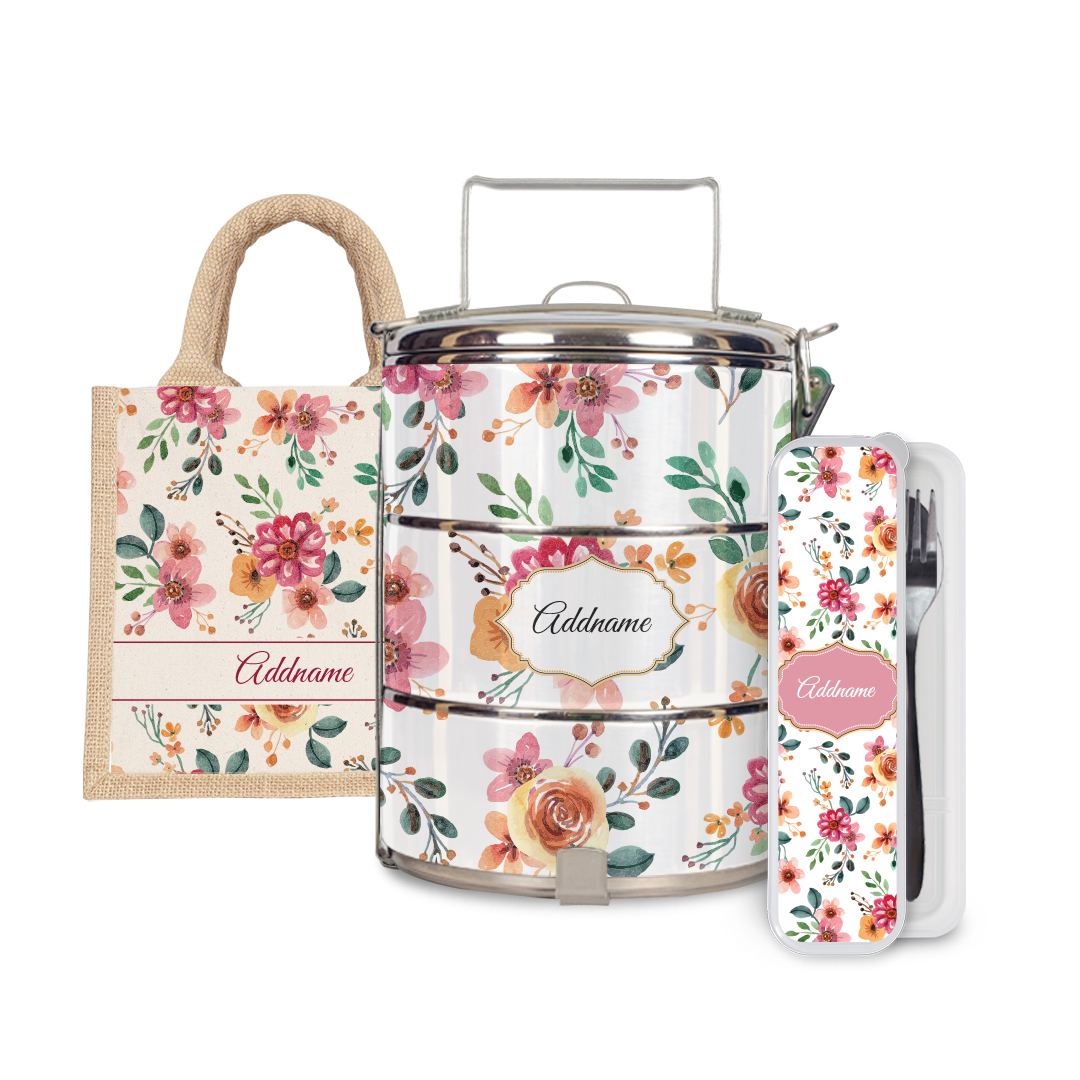 Laura Series - Garnet Half Lining Lunch Bag, Tiffin Carrier and Cutlery Set