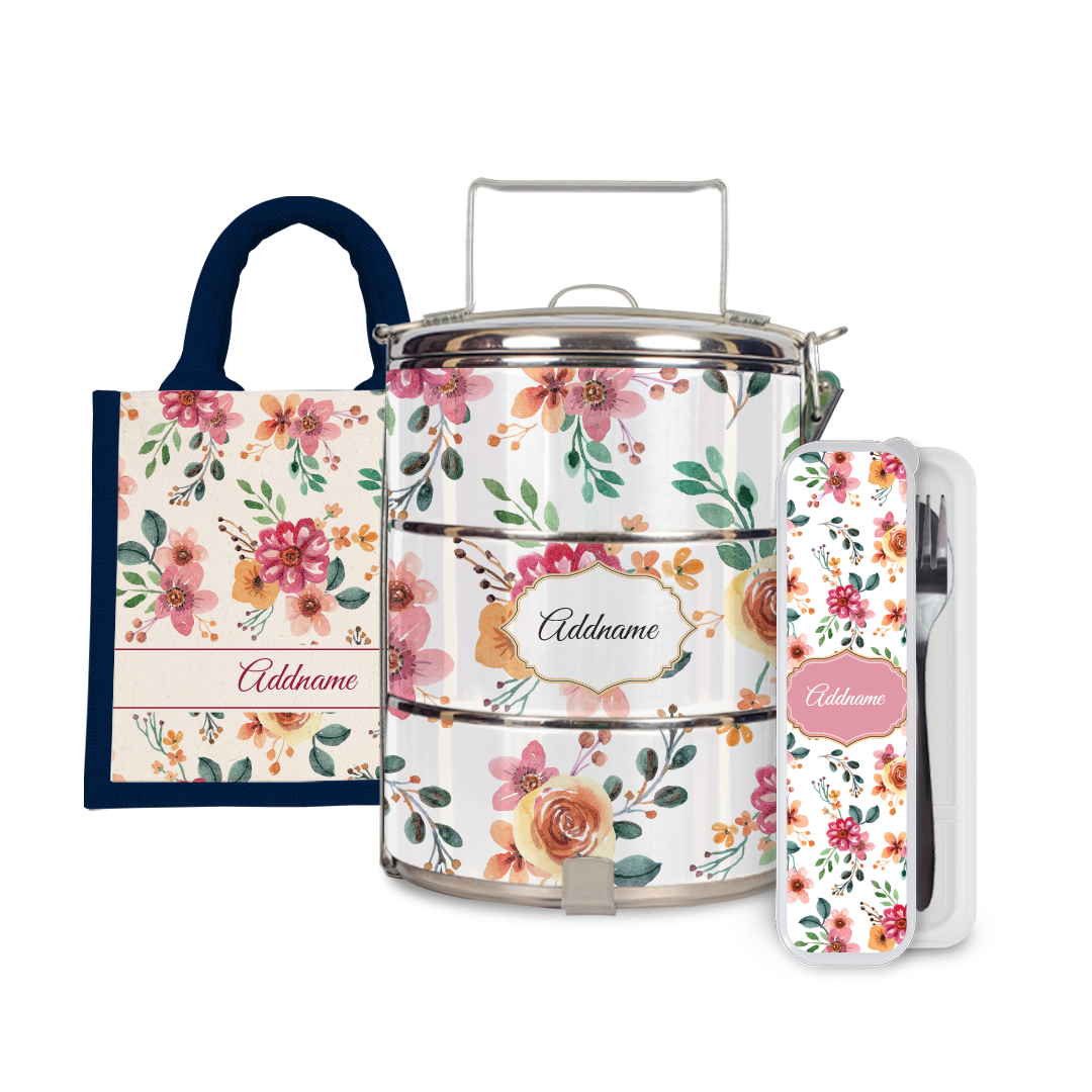 Laura Series - Garnet Half Lining Lunch Bag, Tiffin Carrier and Cutlery Set