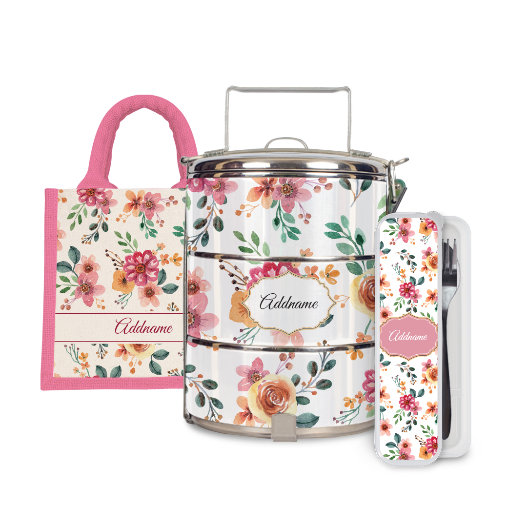 Laura Series - Garnet Half Lining Lunch Bag, Tiffin Carrier and Cutlery Set