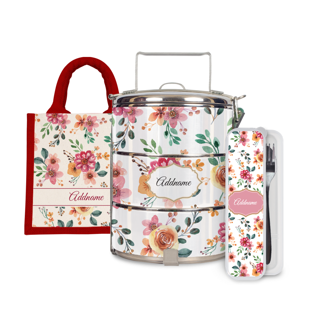 Laura Series - Garnet Half Lining Lunch Bag, Tiffin Carrier and Cutlery Set