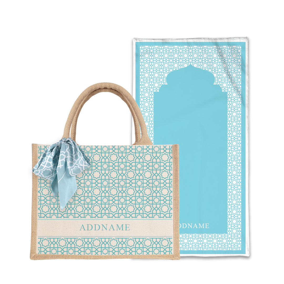 Annas Series - Sky Blue Prayer Mat with Natural Half Lining Small Jute Bag