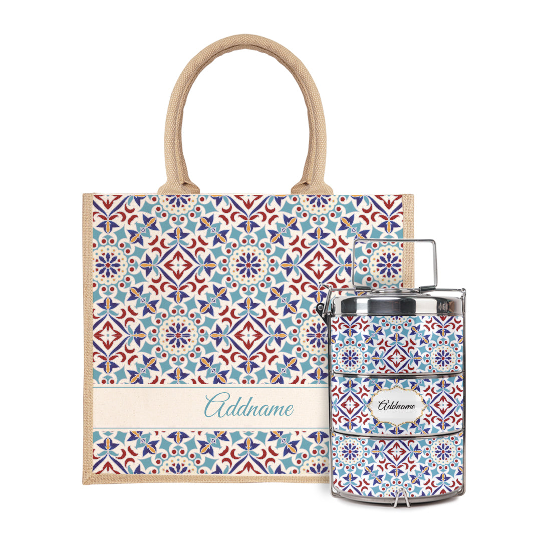 Moroccan Series - Arabesque Agean Blue Half Lining Jute Bag with Tiffin Carrier