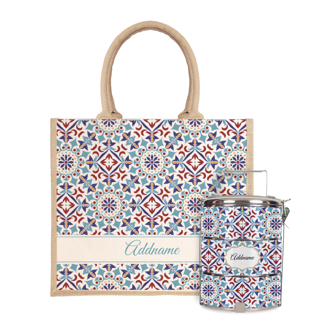 Moroccan Series - Arabesque Agean Blue Half Lining Jute Bag with Tiffin Carrier