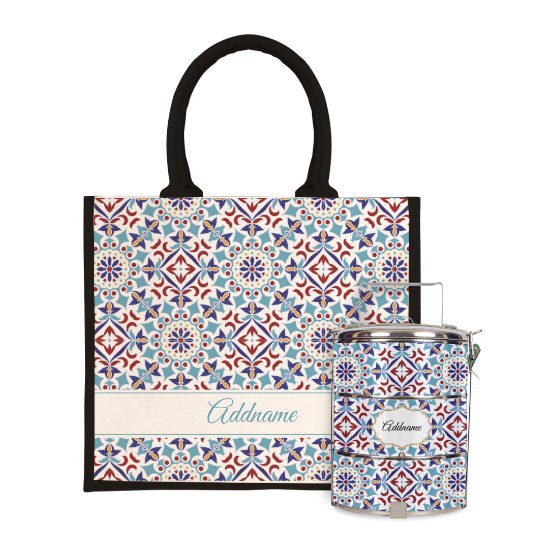 Moroccan Series - Arabesque Agean Blue Half Lining Jute Bag with Tiffin Carrier