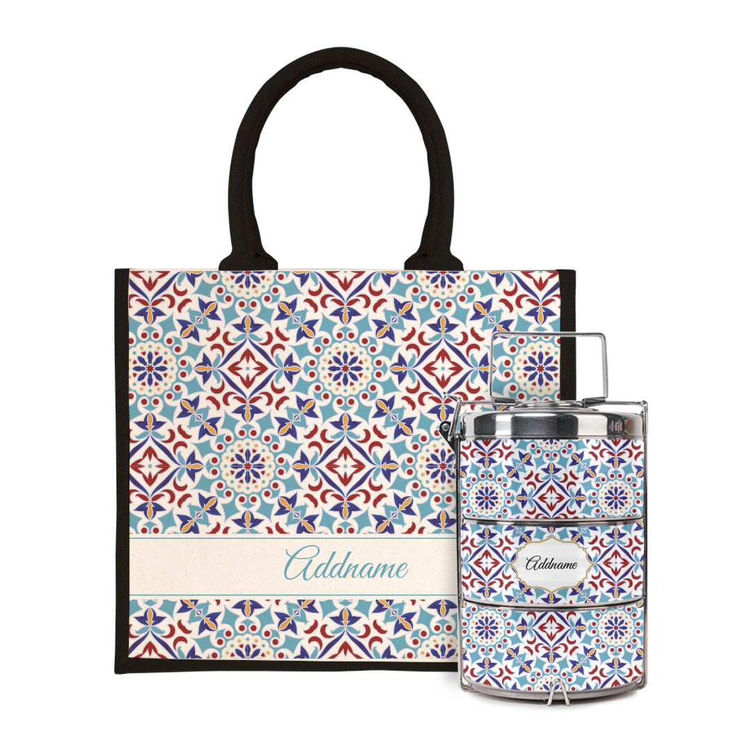 Moroccan Series - Arabesque Agean Blue Half Lining Jute Bag with Tiffin Carrier