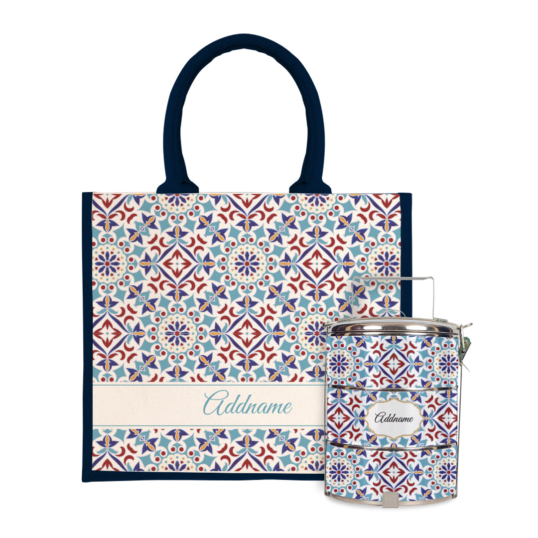 Moroccan Series - Arabesque Agean Blue Half Lining Jute Bag with Tiffin Carrier