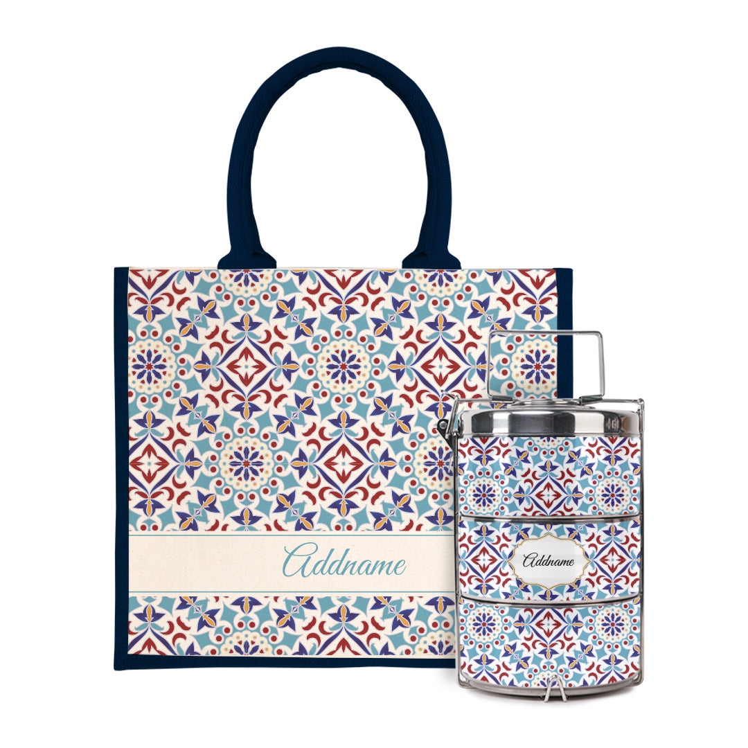 Moroccan Series - Arabesque Agean Blue Half Lining Jute Bag with Tiffin Carrier