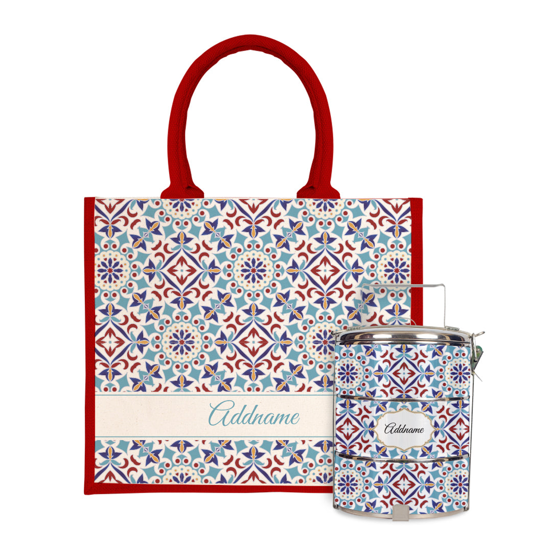 Moroccan Series - Arabesque Agean Blue Half Lining Jute Bag with Tiffin Carrier