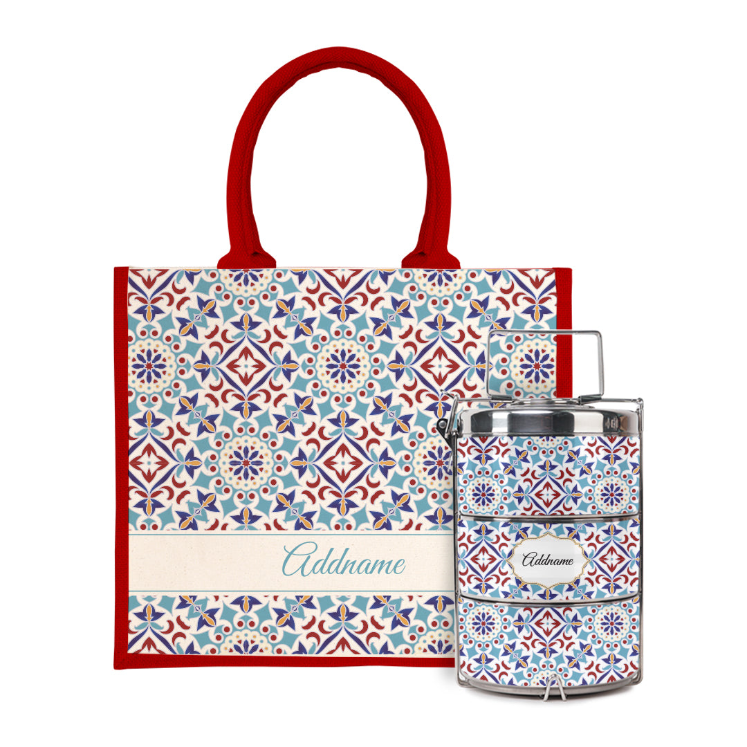 Moroccan Series - Arabesque Agean Blue Half Lining Jute Bag with Tiffin Carrier