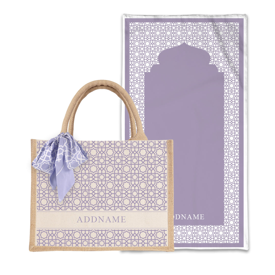 Annas Series - Pastel Purple  Prayer Mat with Natural Half Lining Small Jute Bag