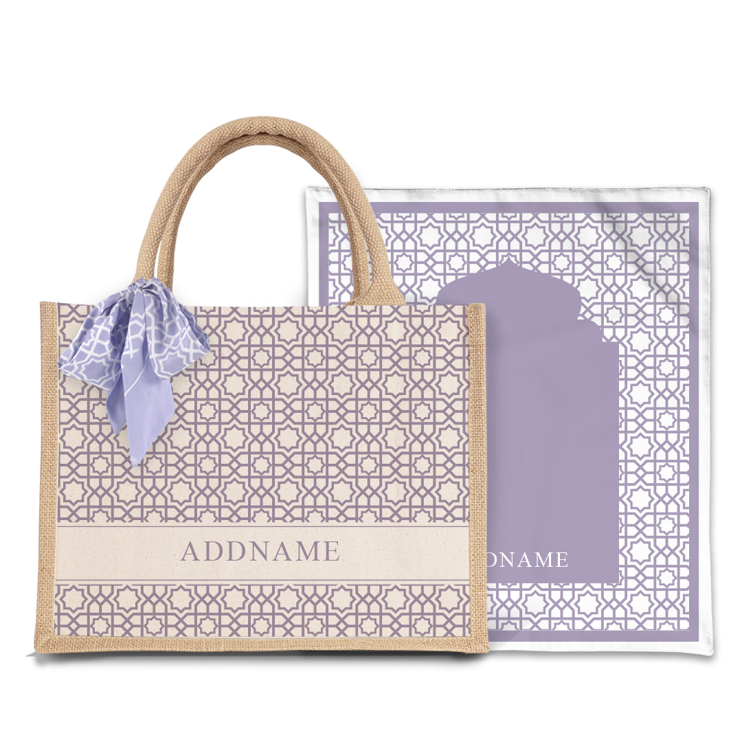 Annas Series - Pastel Purple  Prayer Mat with Natural Half Lining Small Jute Bag