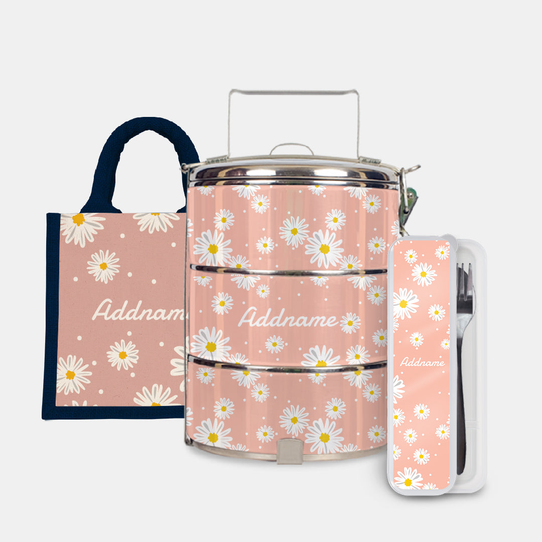 Daisy Series Half Lining Lunch Bag, Standard Tiffin Carrier And Cutlery Set - Coral Navy