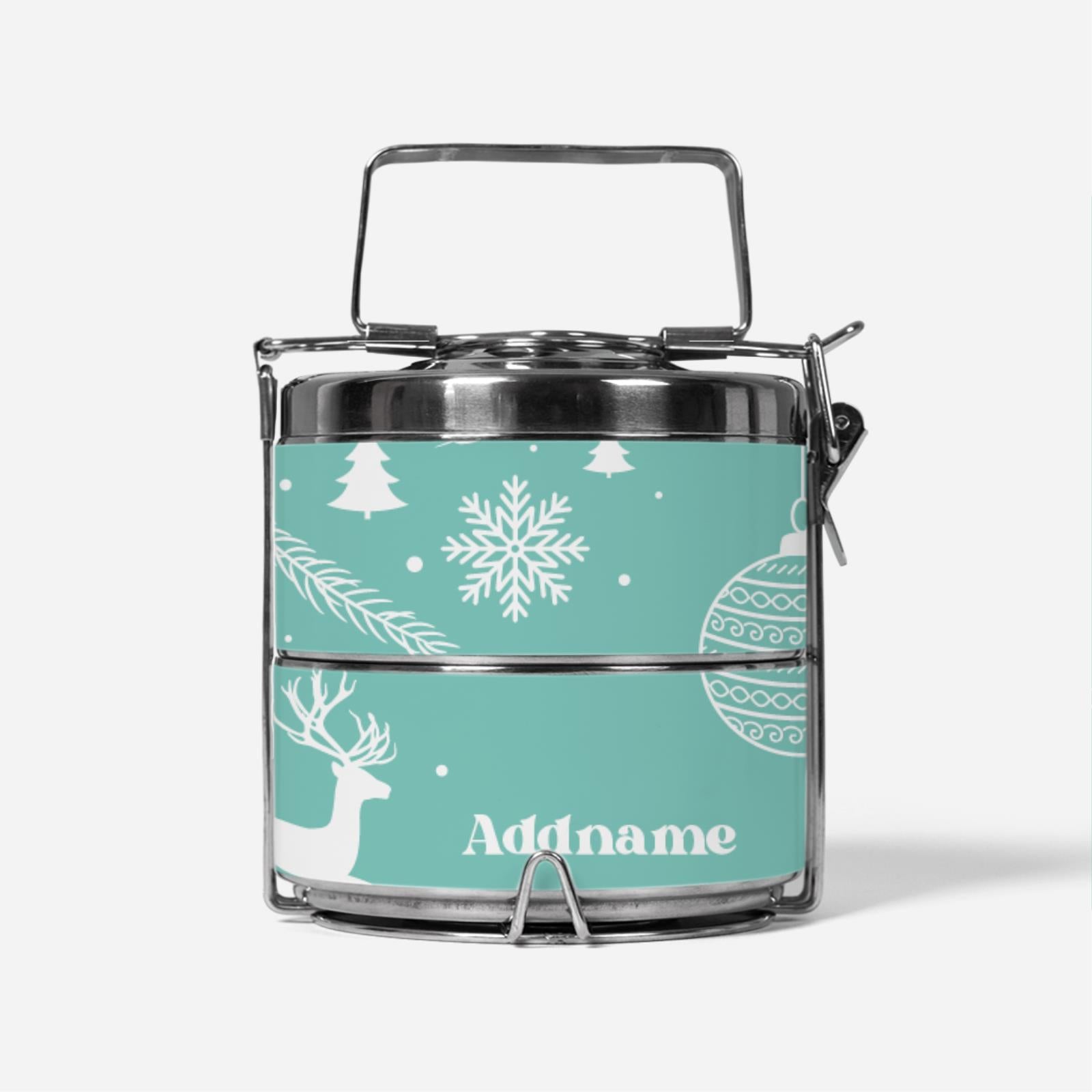 Christmas Series Premium Two Tier Tiffin Carrier - Jubilant Reindeers Light Blue