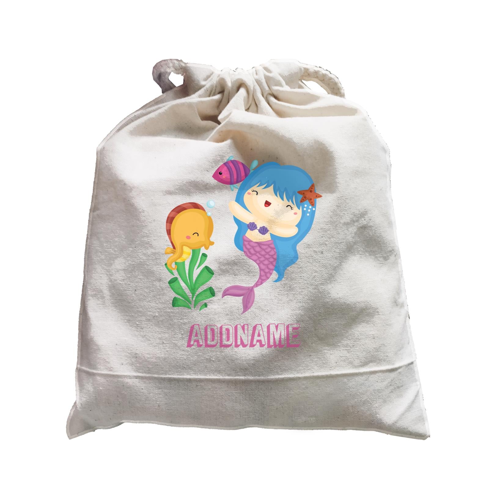 Birthday Mermaid Blue Hair Mermaid Playing With Seahorse Addname Satchel