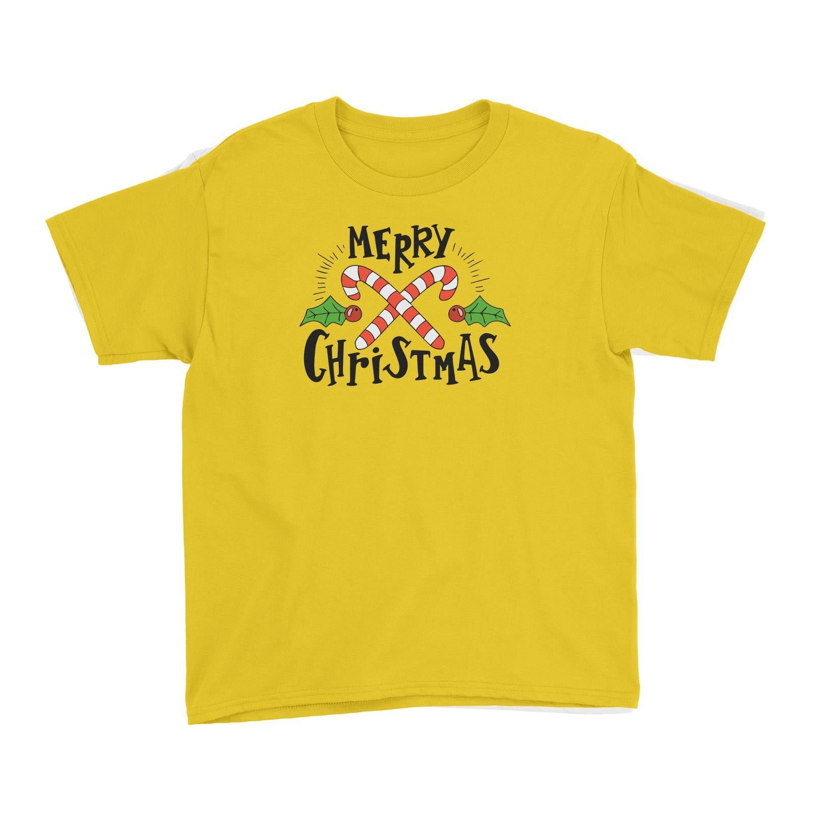 Merry Chrismas with Holly and Candy Cane Greeting Kid's T-Shirt Christmas Matching Family Lettering