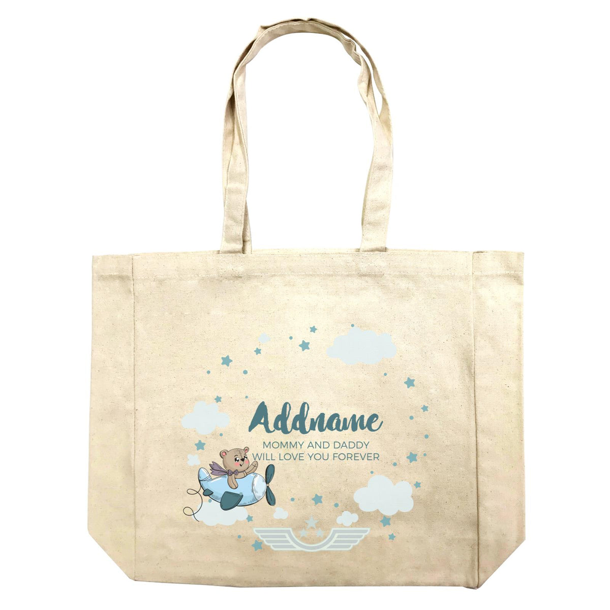 Cute Bear Pilot in Blue Plane Clouds and Stars Element Personalizable with Name and Text Shopping Bag